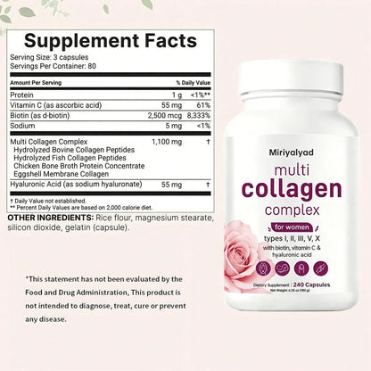Miriyalyad Multi Collagen Pills For Women & Men, 240 Capsules| Type I, II, III, V, X- Hydrolyzed Collagen Peptides With Biotin, Hyaluronic Acid & Vitamin C| Hair, Skin, Nail & Joint Support