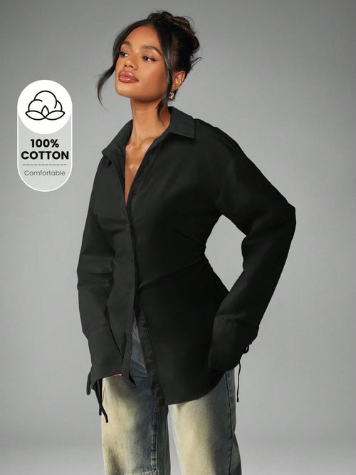 MISSGUIDED Oversized Elegant Office Blouse Long Sleeve Shirt Button Down Ruched Waist Tie Cuff Detail Business Professional Fall Winter Fashion Workwear