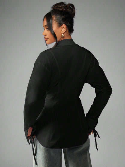 MISSGUIDED Oversized Elegant Office Blouse Long Sleeve Shirt Button Down Ruched Waist Tie Cuff Detail Business Professional Fall Winter Fashion Workwear
