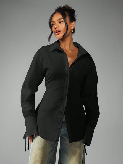 MISSGUIDED Oversized Elegant Office Blouse Long Sleeve Shirt Button Down Ruched Waist Tie Cuff Detail Business Professional Fall Winter Fashion Workwear