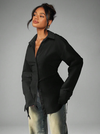 MISSGUIDED Oversized Elegant Office Blouse Long Sleeve Shirt Button Down Ruched Waist Tie Cuff Detail Business Professional Fall Winter Fashion Workwear