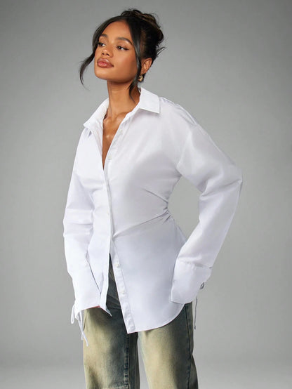 MISSGUIDED Oversized Elegant Office Blouse Long Sleeve Shirt Button Down Ruched Waist Tie Cuff Detail Business Professional Fall Winter Fashion Workwear