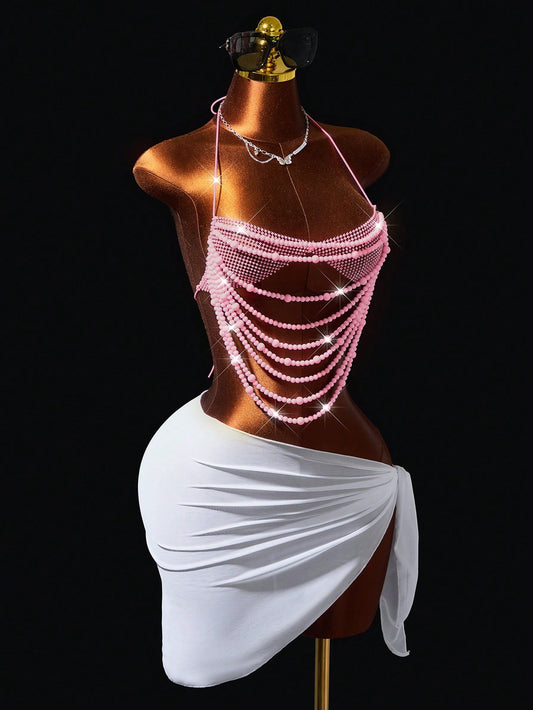 Mistrie Women's Beaded Shiny Halter Neck Tie Strap Tank Top Music Festival Rave Light Pink Summer