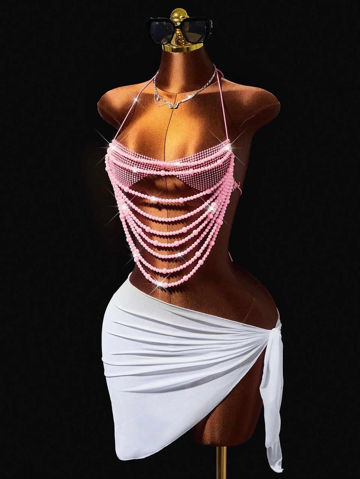 Mistrie Women's Beaded Shiny Halter Neck Tie Strap Tank Top Music Festival Rave Light Pink Summer