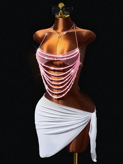 Mistrie Women's Beaded Shiny Halter Neck Tie Strap Tank Top Music Festival Rave Light Pink Summer