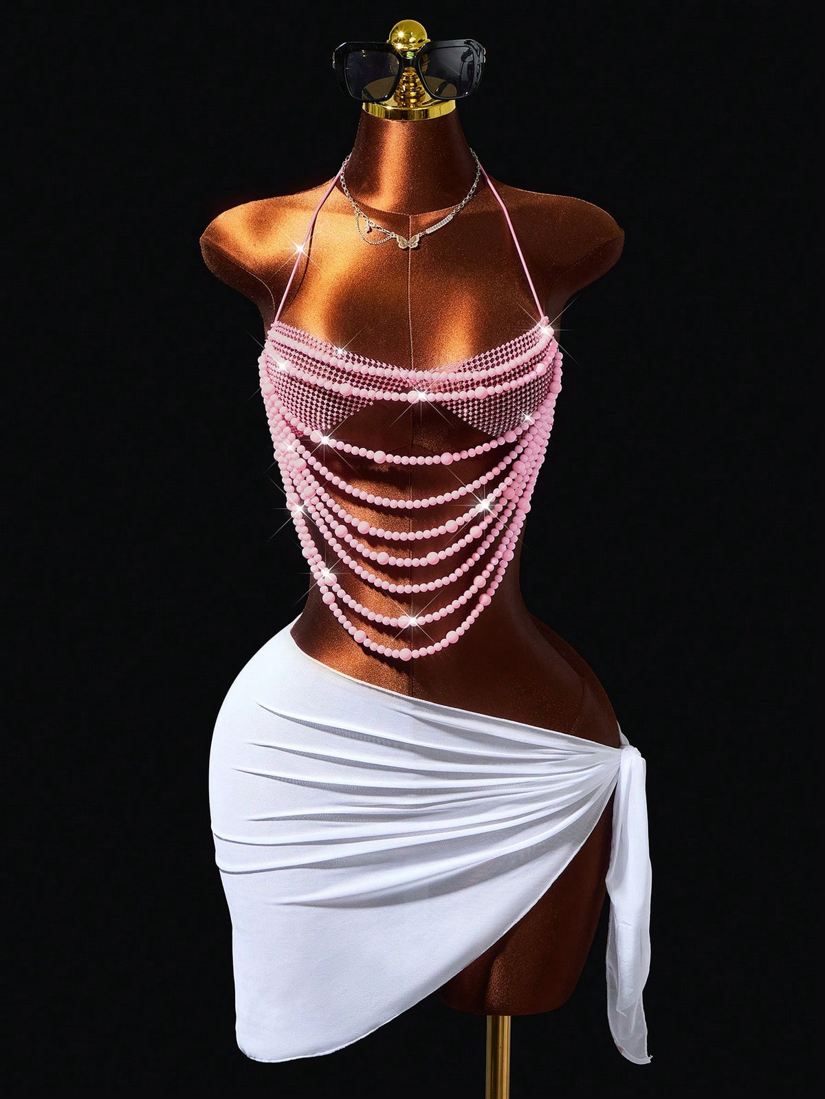 Mistrie Women's Beaded Shiny Halter Neck Tie Strap Tank Top Music Festival Rave Light Pink Summer