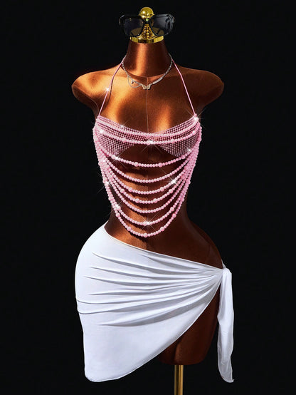 Mistrie Women's Beaded Shiny Halter Neck Tie Strap Tank Top Music Festival Rave Light Pink Summer