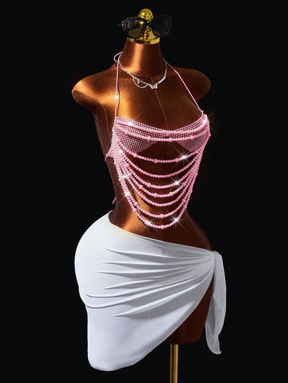 Mistrie Women's Beaded Shiny Halter Neck Tie Strap Tank Top Music Festival Rave Light Pink Summer
