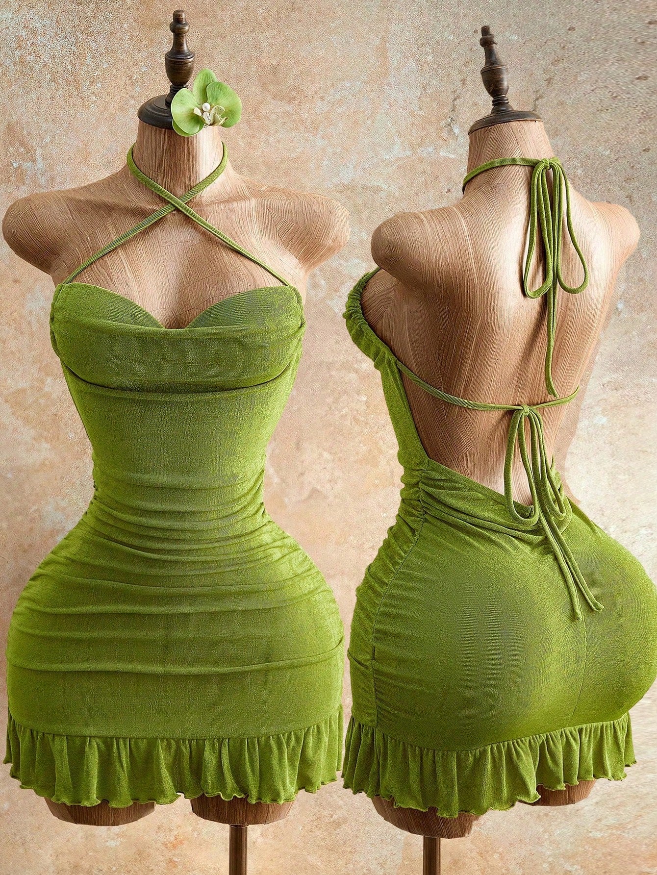 Mistrie Women's Lime Green Drawstring Detail Mini Bodycon Dress,70s Halter Cami Tie Back Summer Fashion,Night Out Club Party Night Outfits