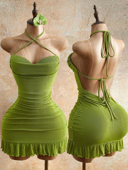 Mistrie Women's Lime Green Drawstring Detail Mini Bodycon Dress,70s Halter Cami Tie Back Summer Fashion,Night Out Club Party Night Outfits