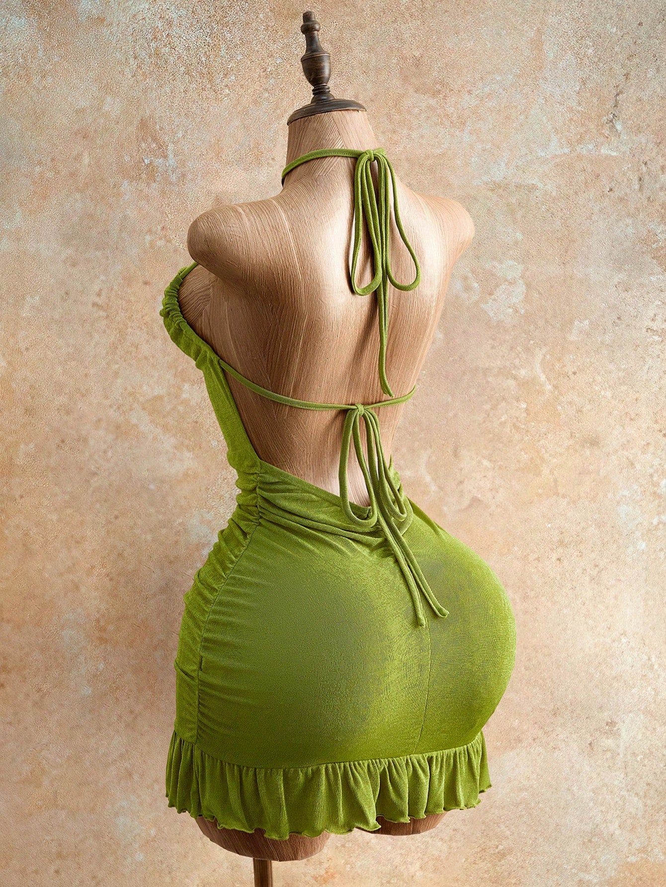 Mistrie Women's Lime Green Drawstring Detail Mini Bodycon Dress,70s Halter Cami Tie Back Summer Fashion,Night Out Club Party Night Outfits