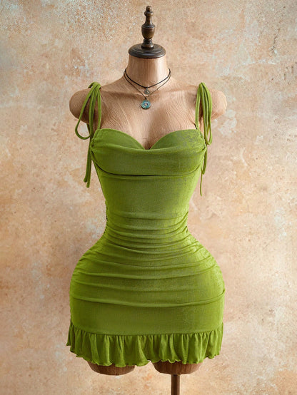 Mistrie Women's Lime Green Drawstring Detail Mini Bodycon Dress,70s Halter Cami Tie Back Summer Fashion,Night Out Club Party Night Outfits