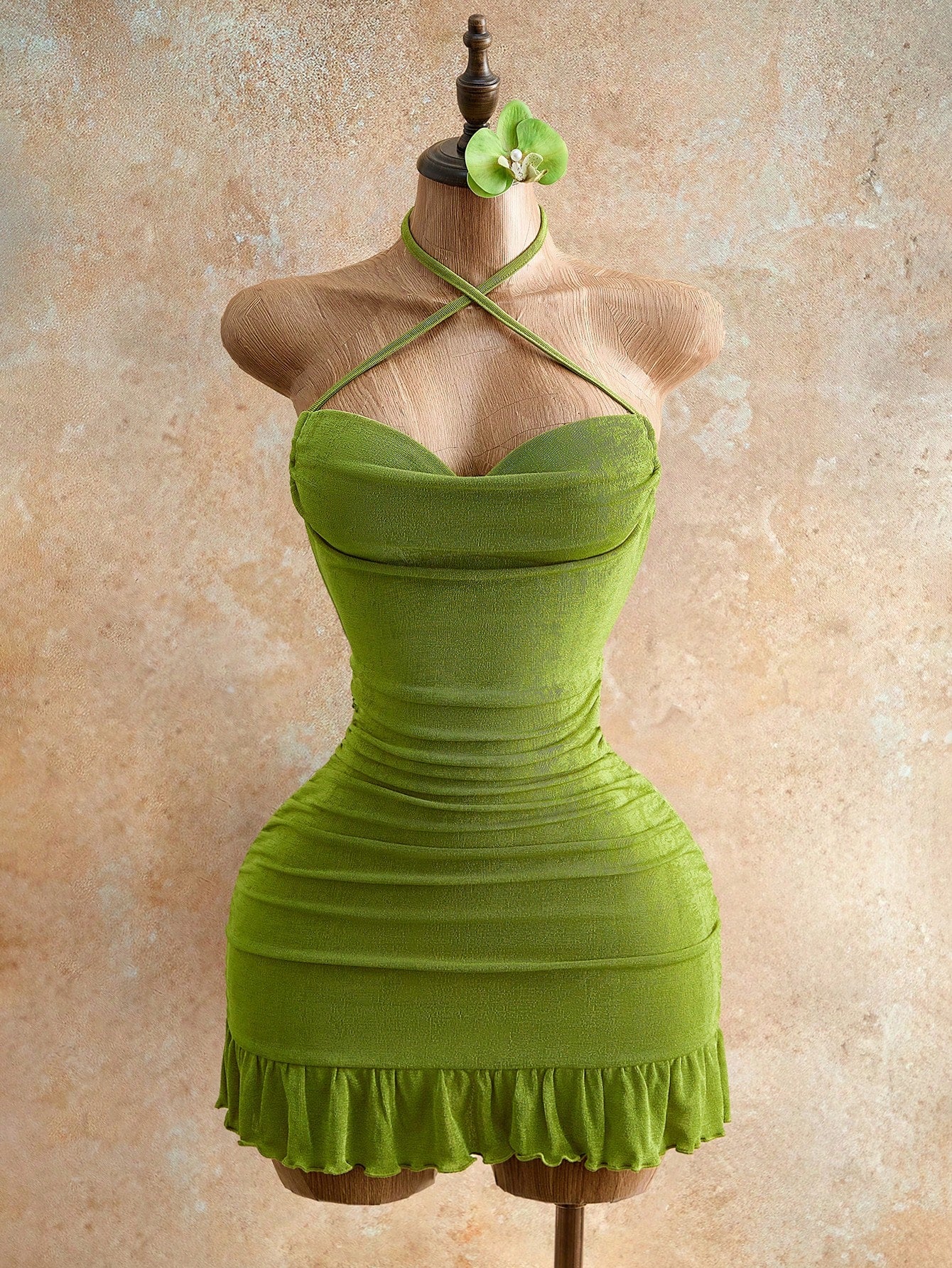 Mistrie Women's Lime Green Drawstring Detail Mini Bodycon Dress,70s Halter Cami Tie Back Summer Fashion,Night Out Club Party Night Outfits
