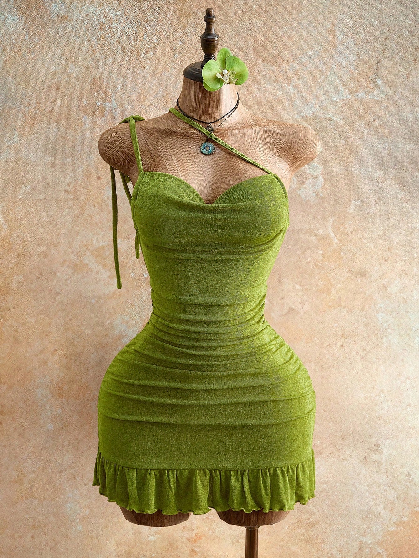 Mistrie Women's Lime Green Drawstring Detail Mini Bodycon Dress,70s Halter Cami Tie Back Summer Fashion,Night Out Club Party Night Outfits