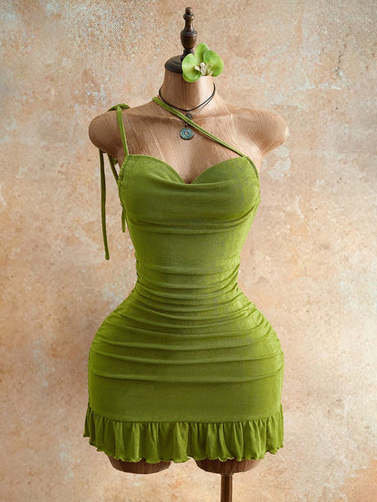 Mistrie Women's Lime Green Drawstring Detail Mini Bodycon Dress,70s Halter Cami Tie Back Summer Fashion,Night Out Club Party Night Outfits