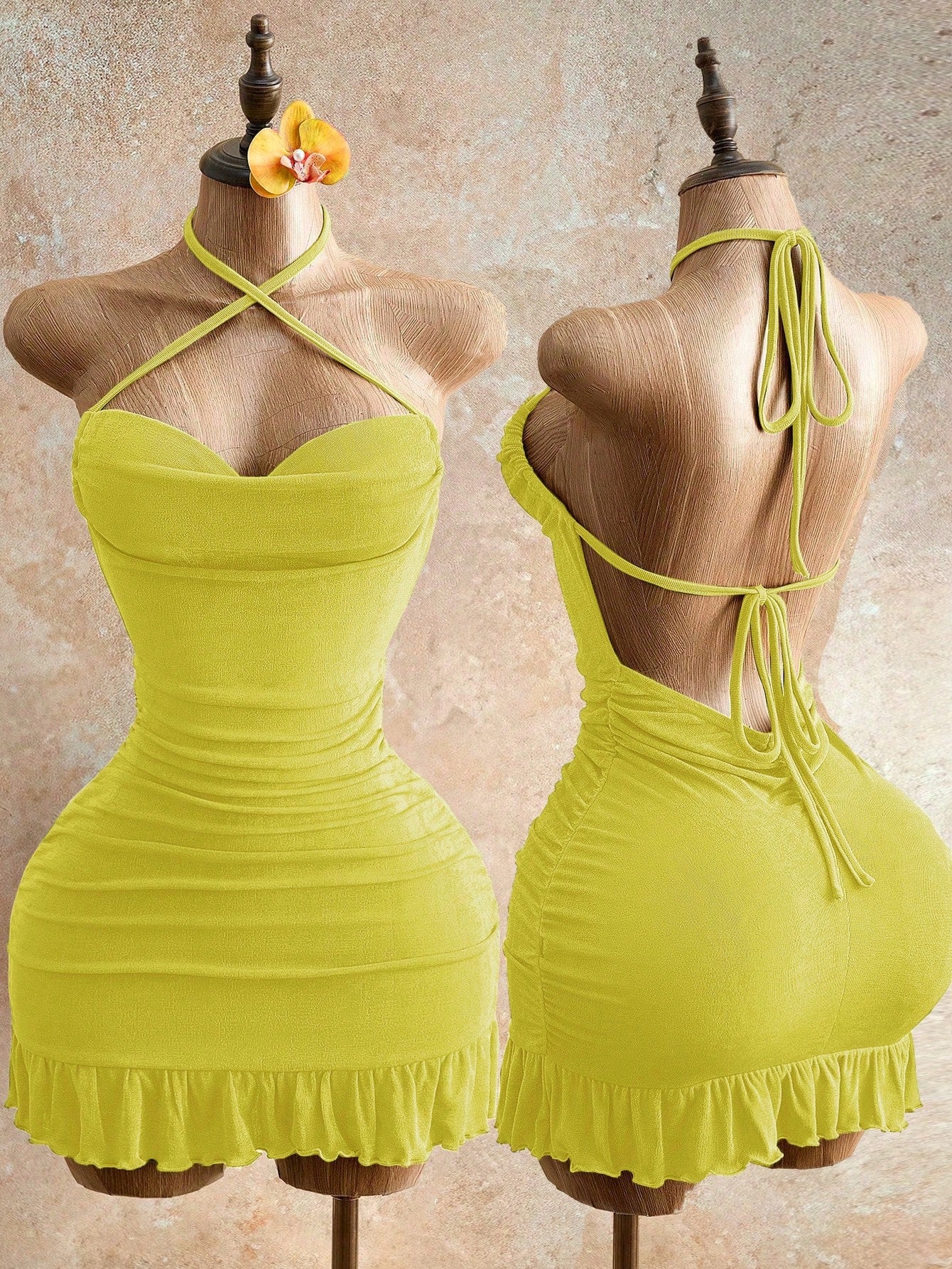 Mistrie Women's Lime Green Drawstring Detail Mini Bodycon Dress,70s Halter Cami Tie Back Summer Fashion,Night Out Club Party Night Outfits
