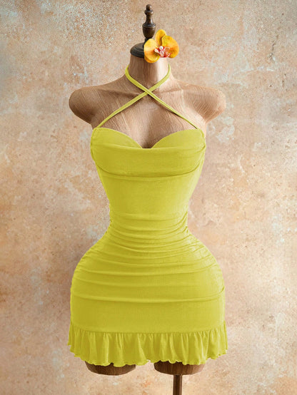 Mistrie Women's Lime Green Drawstring Detail Mini Bodycon Dress,70s Halter Cami Tie Back Summer Fashion,Night Out Club Party Night Outfits