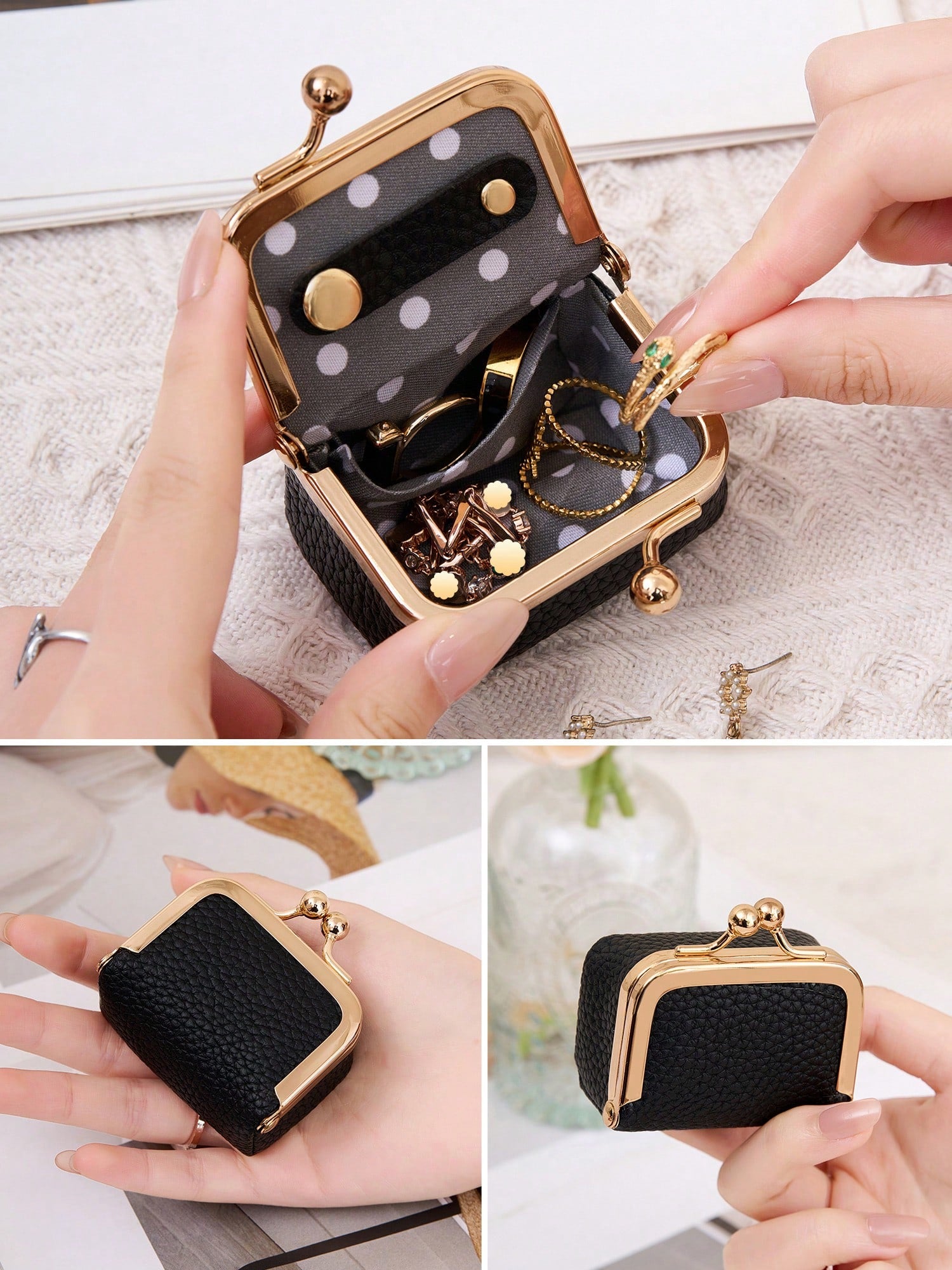 MIYIN Women's Solid Color Faux Leather Mini Jewelry Box, Portable Vintage Genuine Leather Coin Purse Jewelry Box With Kiss Lock, Mini Travel Ring Box Travel Jewelry Box Cosmetic Storage Box, Women's E