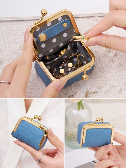 MIYIN Women's Solid Color Faux Leather Mini Jewelry Box, Portable Vintage Genuine Leather Coin Purse Jewelry Box With Kiss Lock, Mini Travel Ring Box Travel Jewelry Box Cosmetic Storage Box, Women's E