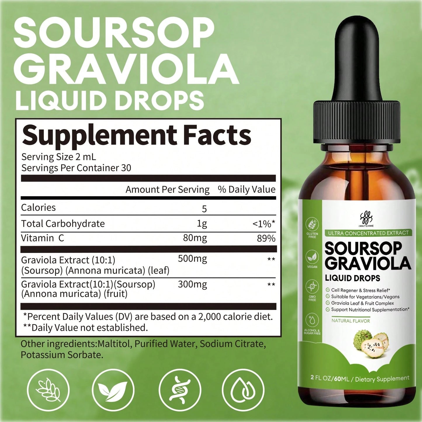 MM IMATCHME IMATCHME Soursop Graviola Liquid Drop For Cell Support & Regeneration, Immune System And Gut Health Support, Pure Soursop Bitters Liquid, High Absorption, Sugar/Gluten Free, Natural Flavor