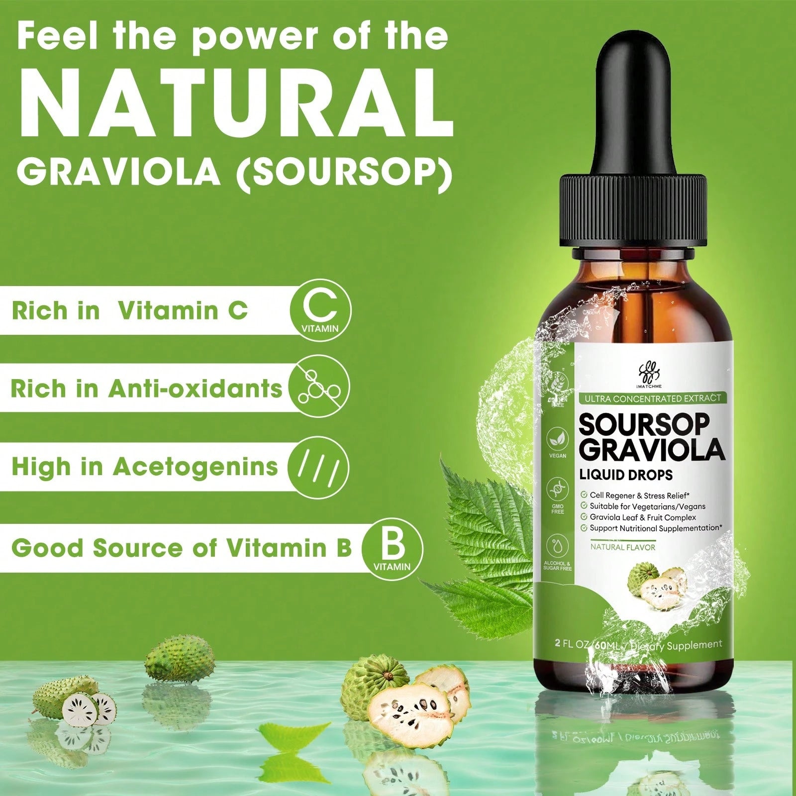 MM IMATCHME IMATCHME Soursop Graviola Liquid Drop For Cell Support & Regeneration, Immune System And Gut Health Support, Pure Soursop Bitters Liquid, High Absorption, Sugar/Gluten Free, Natural Flavor