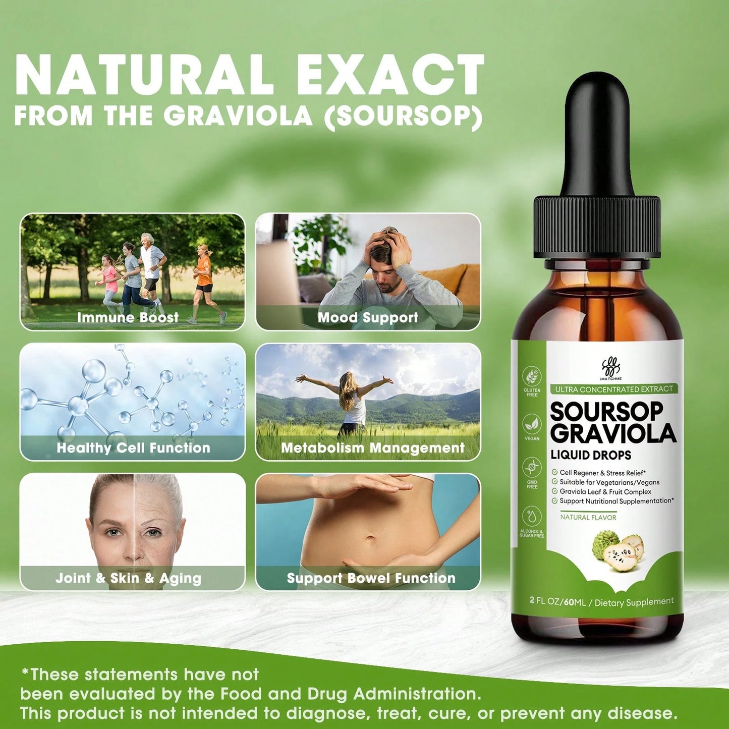 MM IMATCHME IMATCHME Soursop Graviola Liquid Drop For Cell Support & Regeneration, Immune System And Gut Health Support, Pure Soursop Bitters Liquid, High Absorption, Sugar/Gluten Free, Natural Flavor