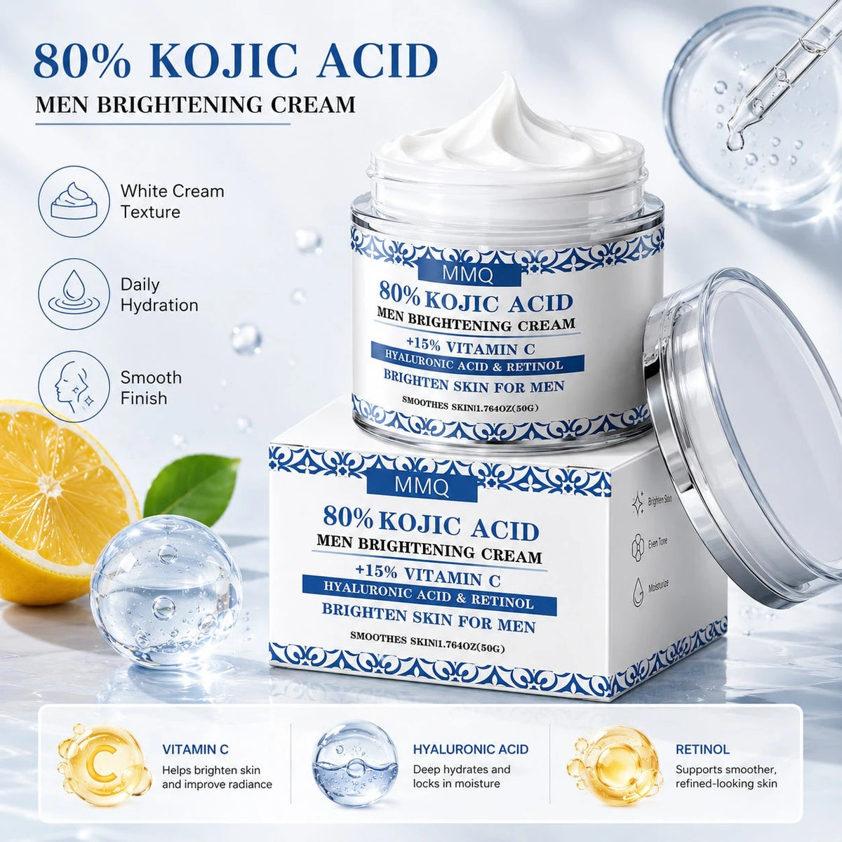 MMQ Men Brightening Face Cream 50g, Kojic Acid Vitamin C Retinol & Hyaluronic Acid Moisturizer, Daily Hydrating Smoothing Skin Care Cream For Dark Spot Care & Uneven-Looking Skin