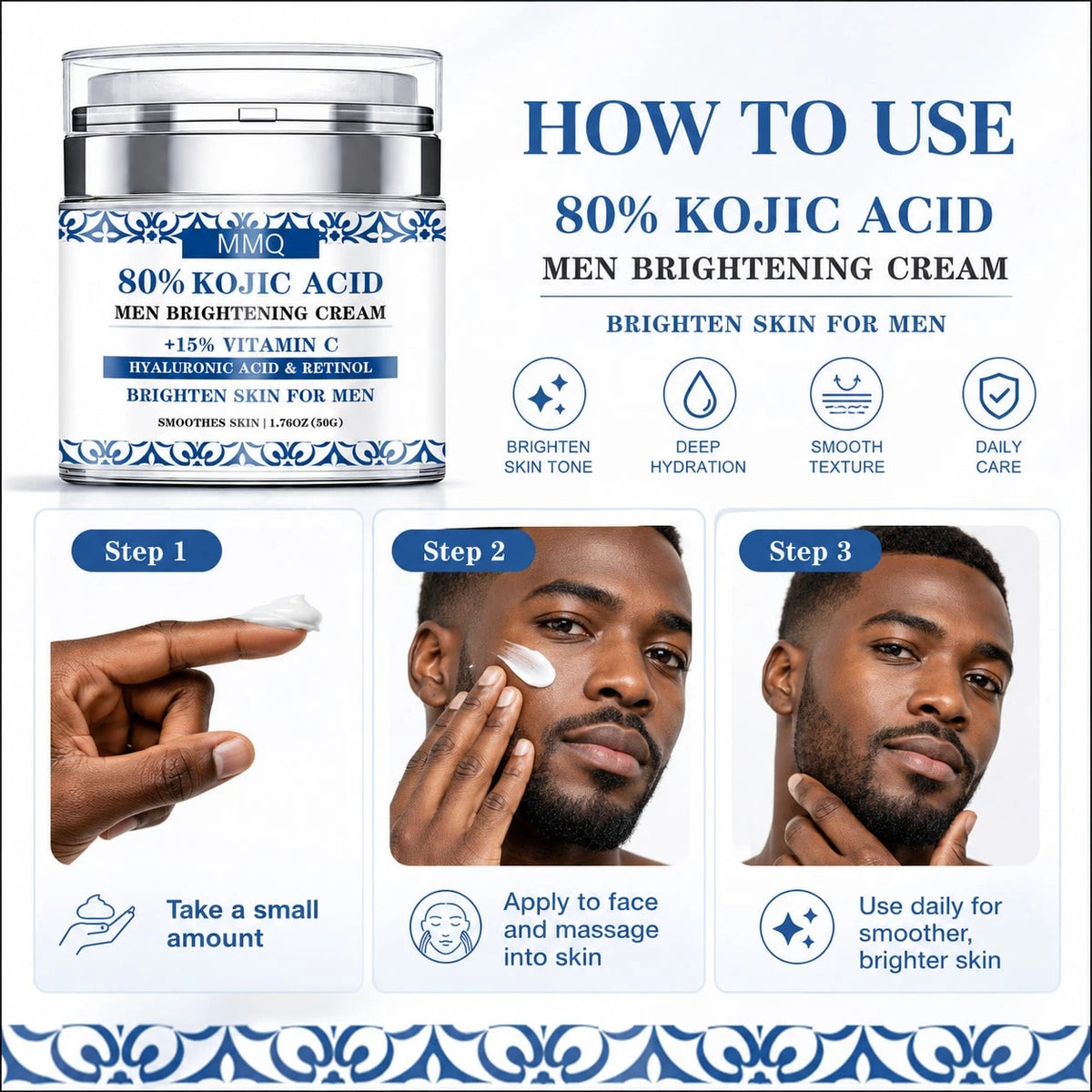 MMQ Men Brightening Face Cream 50g, Kojic Acid Vitamin C Retinol & Hyaluronic Acid Moisturizer, Daily Hydrating Smoothing Skin Care Cream For Dark Spot Care & Uneven-Looking Skin