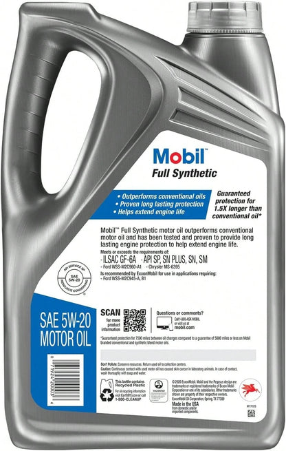 Mobil Full Synthetic Motor Oil 5W-20, 5 Quart