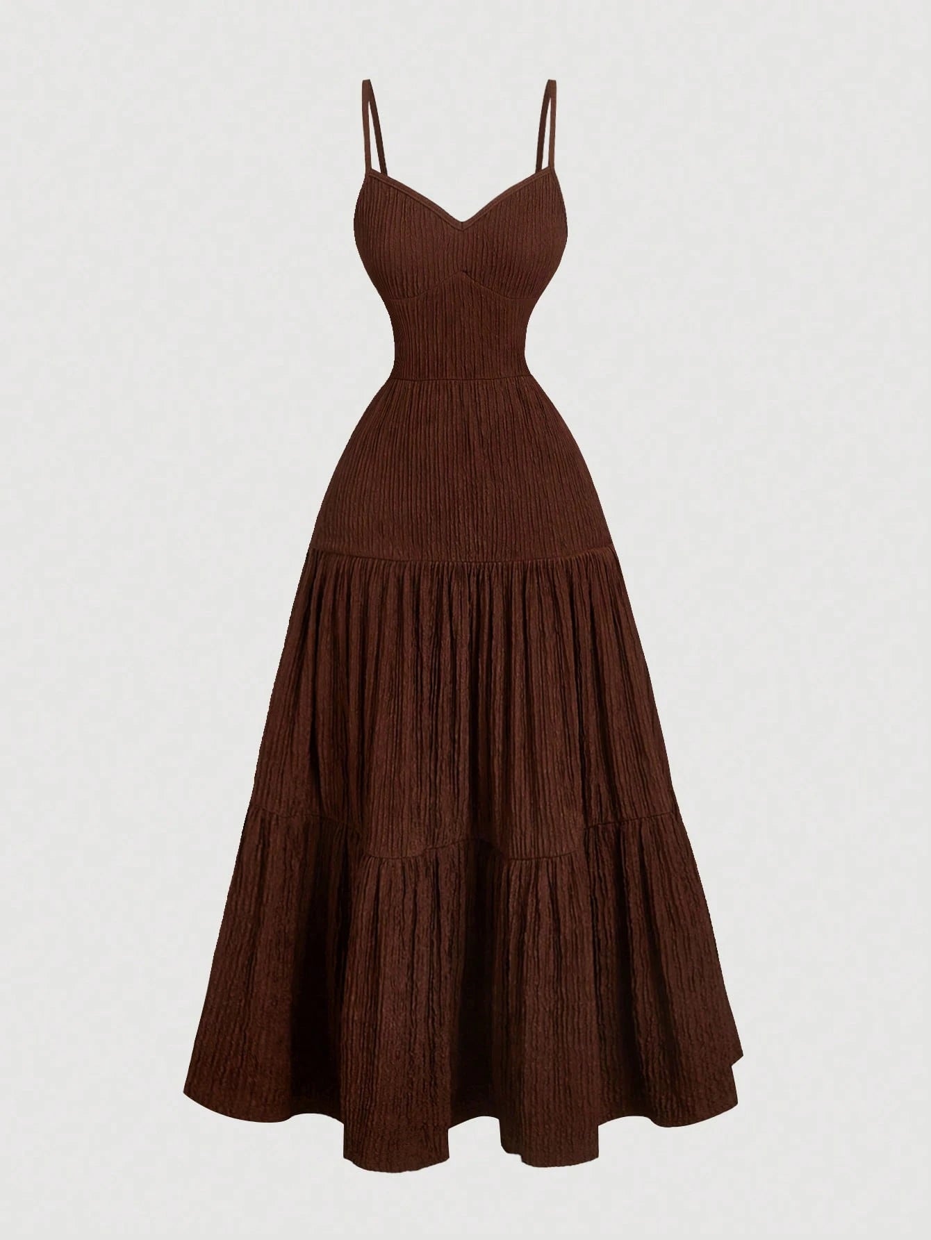 MOD 1pc Women Dark Brown Spaghetti Strap Tiered Ruffle Waist Dress,Elegant Summer Casual Picnic Dresses,Fairy Costume Homecoming Festival Outfit