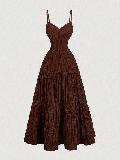 MOD 1pc Women Dark Brown Spaghetti Strap Tiered Ruffle Waist Dress,Elegant Summer Casual Picnic Dresses,Fairy Costume Homecoming Festival Outfit