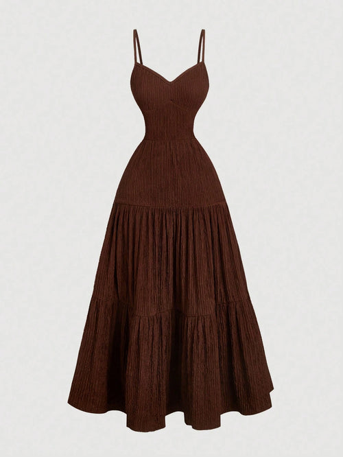 MOD 1pc Women Dark Brown Spaghetti Strap Tiered Ruffle Waist Dress,Elegant Summer Casual Picnic Dresses,Fairy Costume Homecoming Festival Outfit
