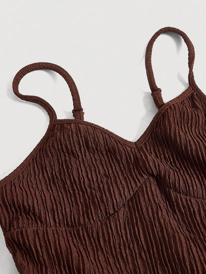 MOD 1pc Women Dark Brown Spaghetti Strap Tiered Ruffle Waist Dress,Elegant Summer Casual Picnic Dresses,Fairy Costume Homecoming Festival Outfit