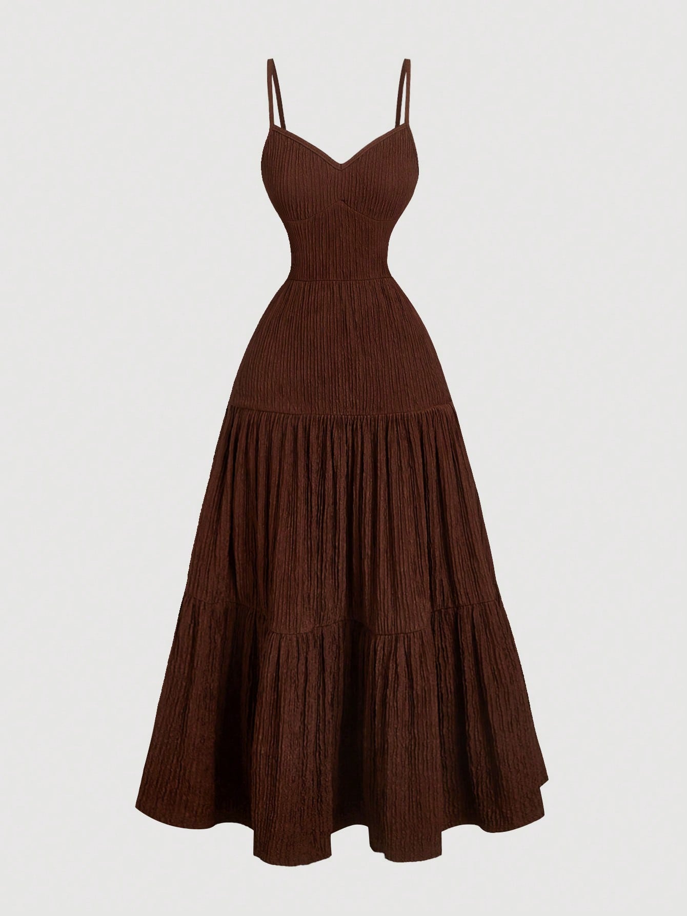 MOD 1pc Women Dark Brown Spaghetti Strap Tiered Ruffle Waist Dress,Elegant Summer Casual Picnic Dresses,Fairy Costume Homecoming Festival Outfit