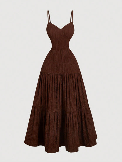 MOD 1pc Women Dark Brown Spaghetti Strap Tiered Ruffle Waist Dress,Elegant Summer Casual Picnic Dresses,Fairy Costume Homecoming Festival Outfit
