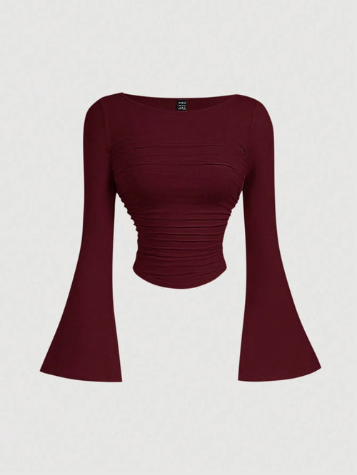 MOD Boat Neck Bell Sleeve Side Ruched Fashion T-Shirt