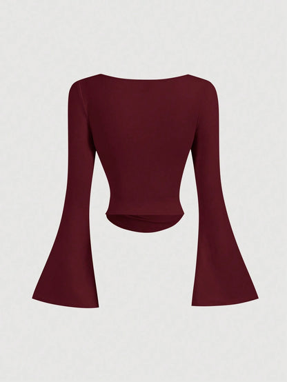 MOD Boat Neck Bell Sleeve Side Ruched Fashion T-Shirt
