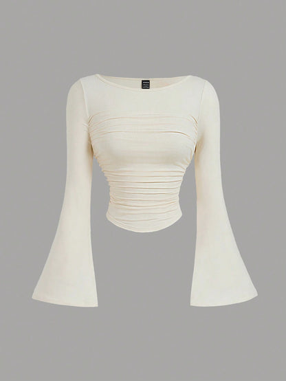 MOD Boat Neck Bell Sleeve Side Ruched Fashion T-Shirt