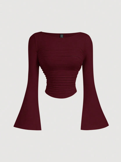 MOD Boat Neck Bell Sleeve Side Ruched Fashion T-Shirt