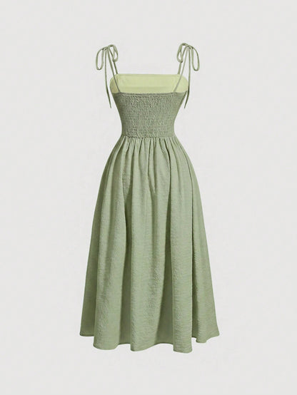 MOD Elegant Sage Green Summer Tea Party Dress,Solid Color Sleeveless Tie Strap Ruched Midi Dress For Wedding Bridesmaid Garden Holiday Picnic A-Line
