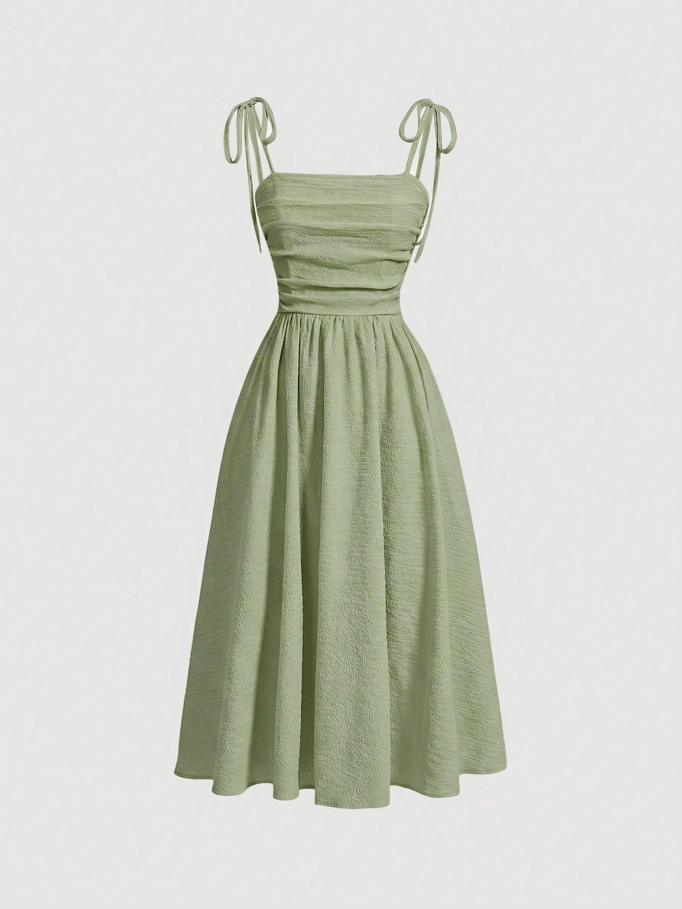 MOD Elegant Sage Green Summer Tea Party Dress,Solid Color Sleeveless Tie Strap Ruched Midi Dress For Wedding Bridesmaid Garden Holiday Picnic A-Line