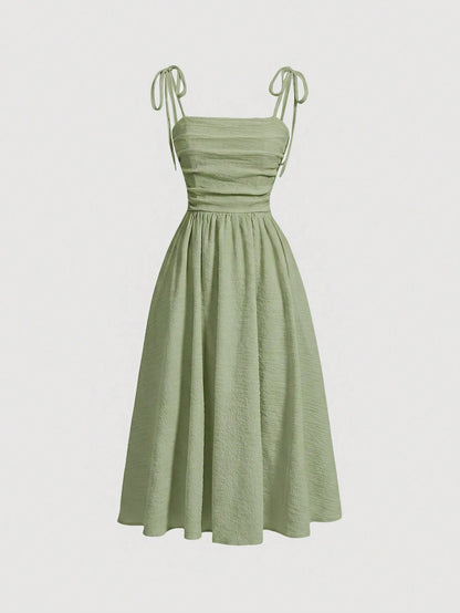 MOD Elegant Sage Green Summer Tea Party Dress,Solid Color Sleeveless Tie Strap Ruched Midi Dress For Wedding Bridesmaid Garden Holiday Picnic A-Line