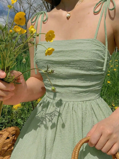 MOD Elegant Sage Green Summer Tea Party Dress,Solid Color Sleeveless Tie Strap Ruched Midi Dress For Wedding Bridesmaid Garden Holiday Picnic A-Line