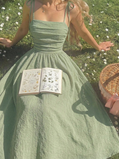 MOD Elegant Sage Green Summer Tea Party Dress,Solid Color Sleeveless Tie Strap Ruched Midi Dress For Wedding Bridesmaid Garden Holiday Picnic A-Line