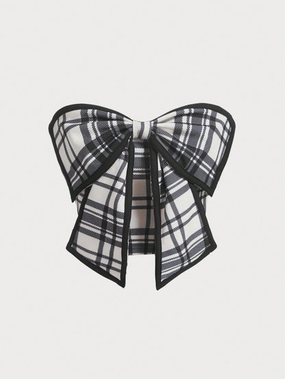 MOD Grid Pattern Strapless Top With Bow Decoration