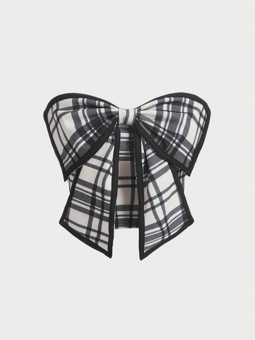 MOD Grid Pattern Strapless Top With Bow Decoration