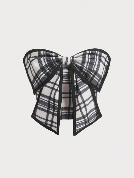 MOD Grid Pattern Strapless Top With Bow Decoration