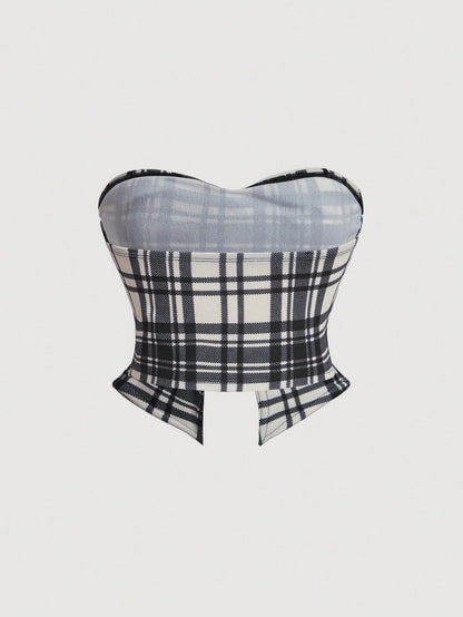 MOD Grid Pattern Strapless Top With Bow Decoration
