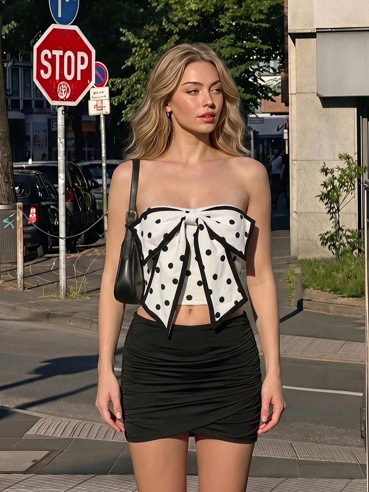 MOD Grid Pattern Strapless Top With Bow Decoration