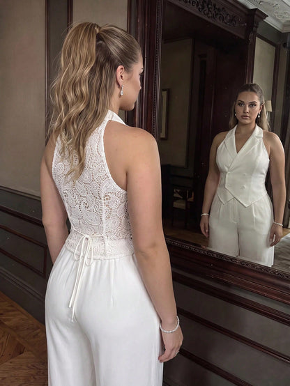 MOD Plus Size Women's White Lace Patchwork Sleeveless Elegant Tailored Set Blazer Suit Going Out Wedding Guest Homecoming Festival Holiday Summer/Fall